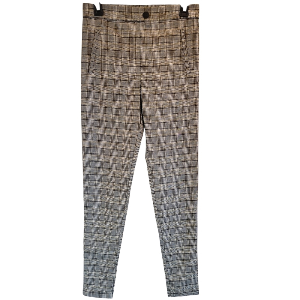 Zara Yellow Black White Plaid Print Elastic Waist Skinny Leg Pants